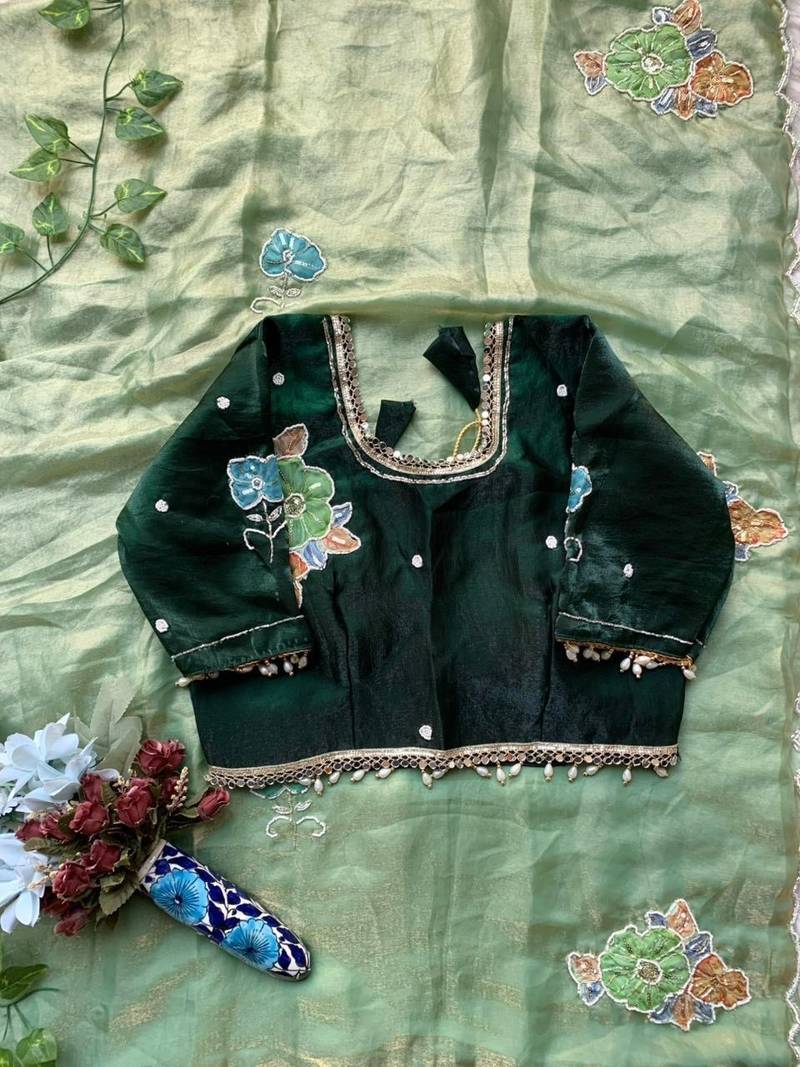Light Green Color khatli with pearl moti work Sartin Saree
