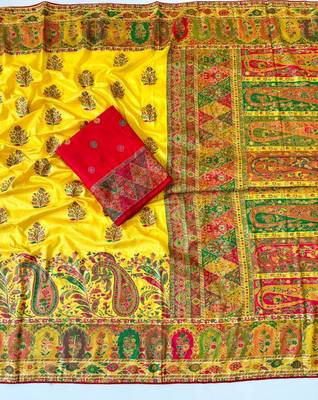 yellow embroidery border with dori fitting rich pallu pasmina silk saree 2