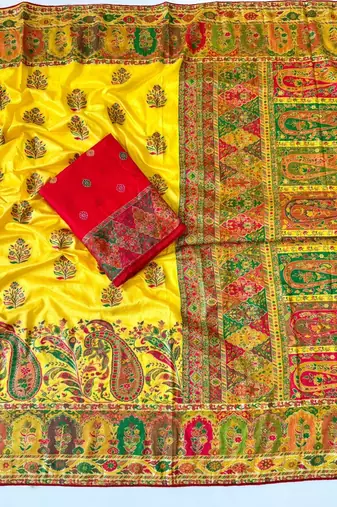 yellow embroidery border with dori fitting rich pallu pasmina silk saree