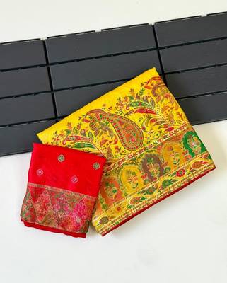 yellow embroidery border with dori fitting rich pallu pasmina silk saree 3