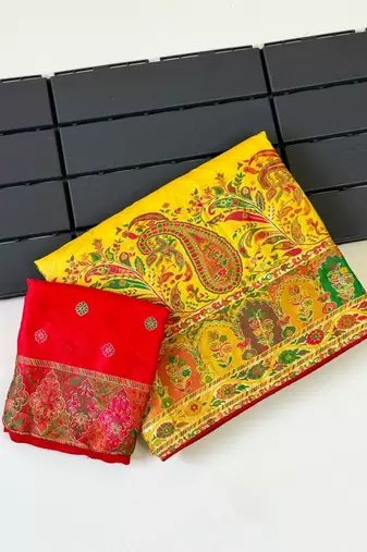 yellow embroidery border with dori fitting rich pallu pasmina silk saree