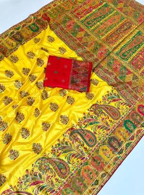 yellow embroidery border with dori fitting rich pallu pasmina silk saree 4