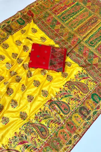 yellow embroidery border with dori fitting rich pallu pasmina silk saree