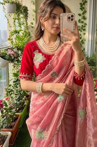 Peach Color khatli with pearl moti work Sartin Saree