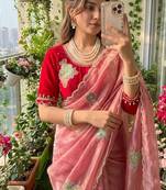 Peach Color khatli with pearl moti work Sartin Saree