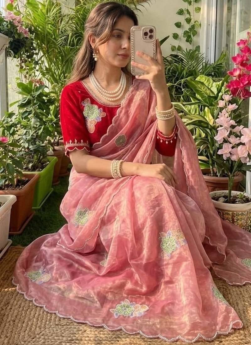Peach Color khatli with pearl moti work Sartin Saree