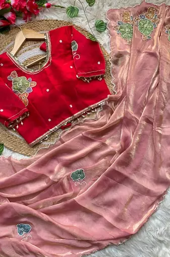 Peach Color khatli with pearl moti work Sartin Saree