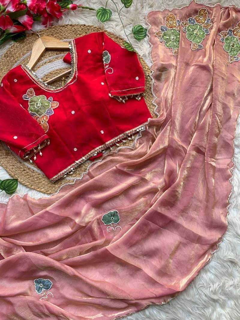 Peach Color khatli with pearl moti work Sartin Saree