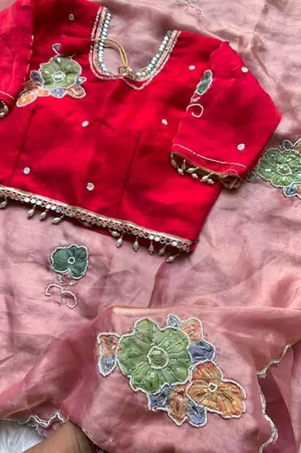 Peach Color khatli with pearl moti work Sartin Saree