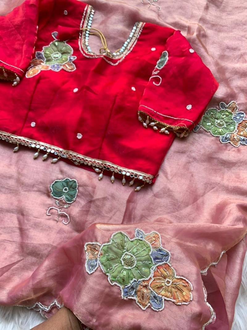 Peach Color khatli with pearl moti work Sartin Saree