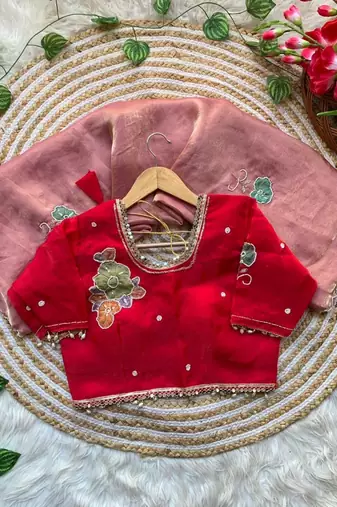 Peach Color khatli with pearl moti work Sartin Saree