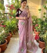 Pink Color khatli with pearl moti work Sartin Saree