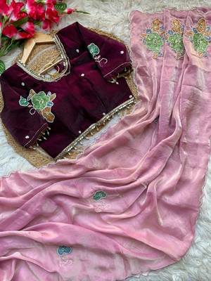 Pink Color khatli with pearl moti work Sartin Saree 4