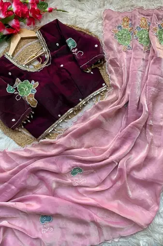 Pink Color khatli with pearl moti work Sartin Saree