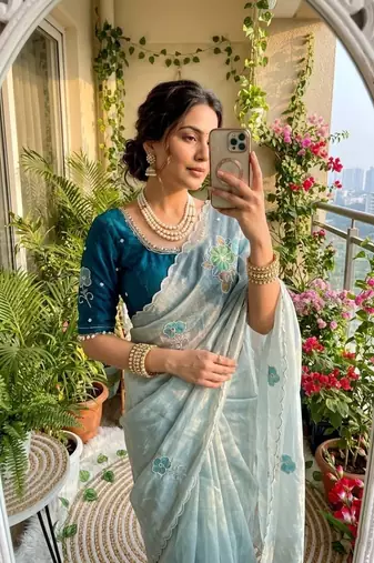 Sky Blue Color khatli with pearl moti work Sartin Saree