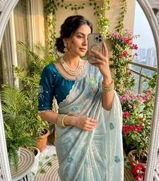 Sky Blue Color khatli with pearl moti work Sartin Saree