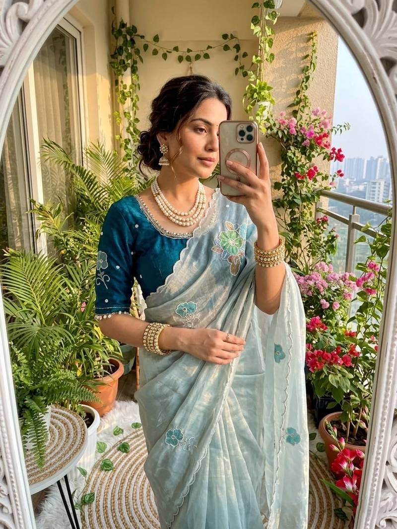 Sky Blue Color khatli with pearl moti work Sartin Saree