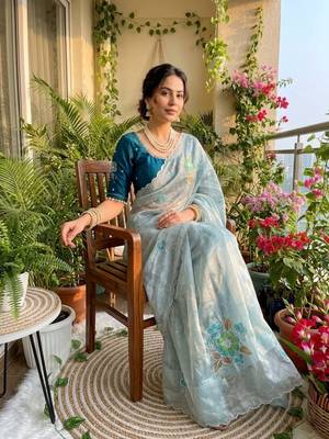 Sky Blue Color khatli with pearl moti work Sartin Saree 1