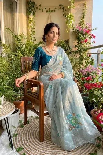 Sky Blue Color khatli with pearl moti work Sartin Saree