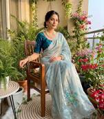 Sky Blue Color khatli with pearl moti work Sartin Saree