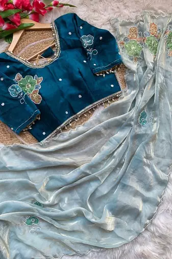 Sky Blue Color khatli with pearl moti work Sartin Saree