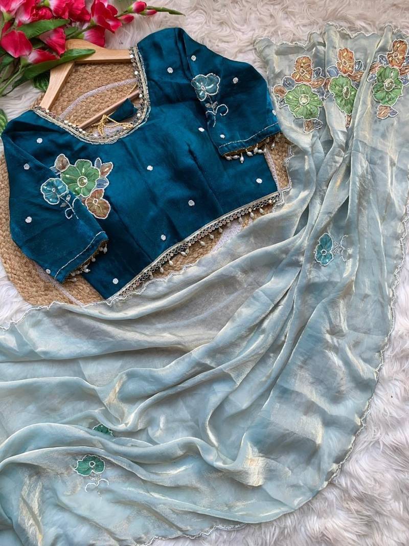 Sky Blue Color khatli with pearl moti work Sartin Saree