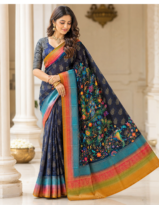 black-rainbow printing and zari with border dola silk saree 1