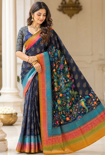 black-rainbow printing and zari with border dola silk saree