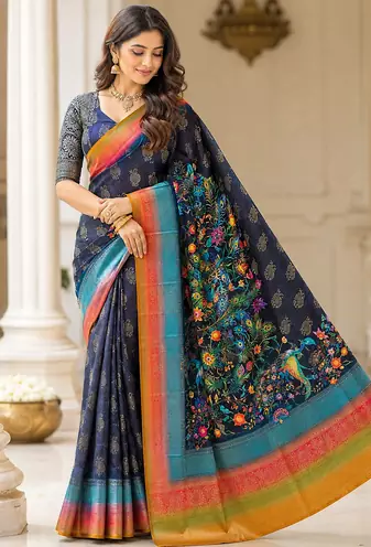 black-rainbow printing and zari with border dola silk saree