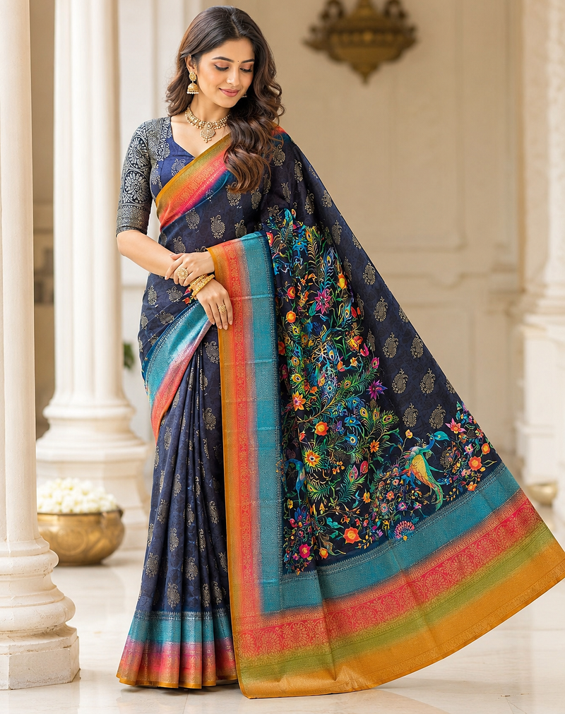 black-rainbow printing and zari with border dola silk saree