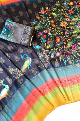 black-rainbow printing and zari with border dola silk saree