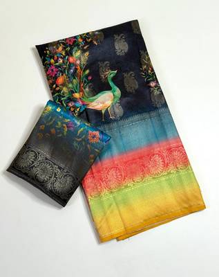 black-rainbow printing and zari with border dola silk saree 3