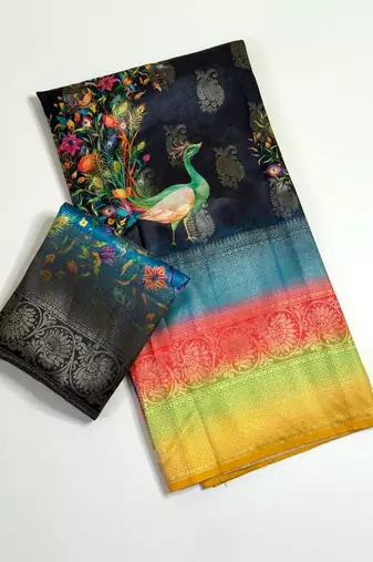 black-rainbow printing and zari with border dola silk saree