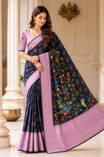 black-lavender printing and zari with border dola silk saree