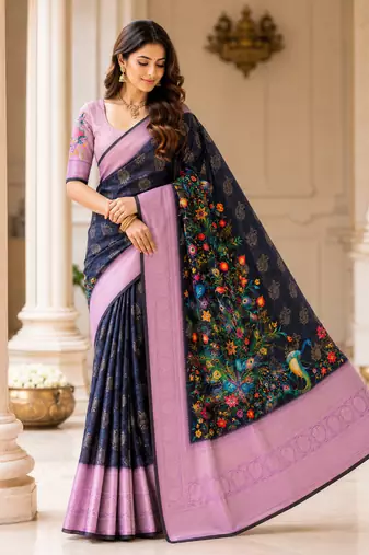 black-lavender printing and zari with border dola silk saree