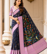 black-lavender printing and zari with border dola silk saree