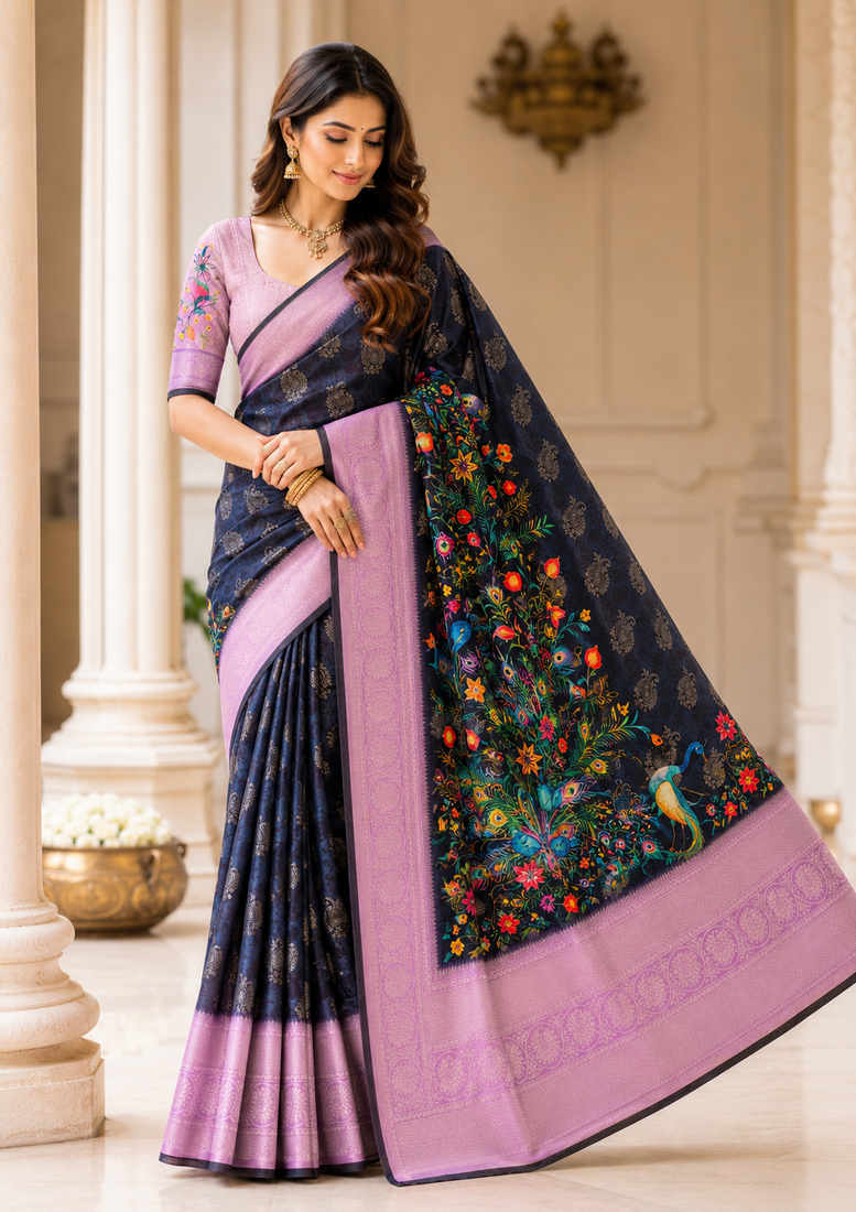 black-lavender printing and zari with border dola silk saree