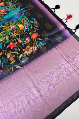 black-lavender printing and zari with border dola silk saree