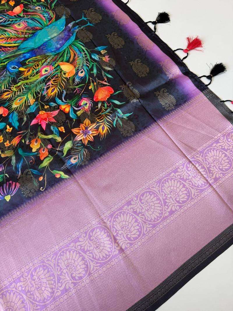 black-lavender printing and zari with border dola silk saree