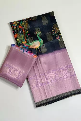 black-lavender printing and zari with border dola silk saree