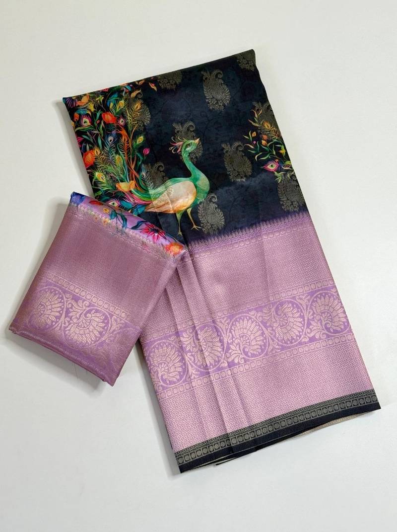 black-lavender printing and zari with border dola silk saree