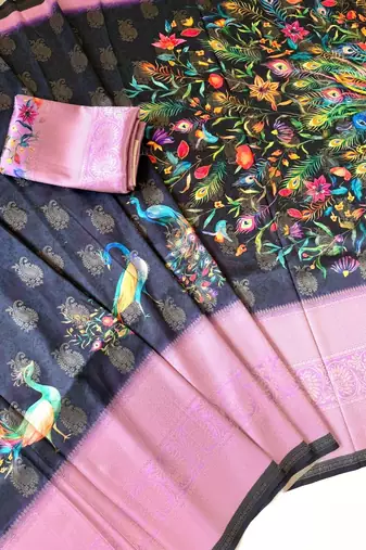 black-lavender printing and zari with border dola silk saree