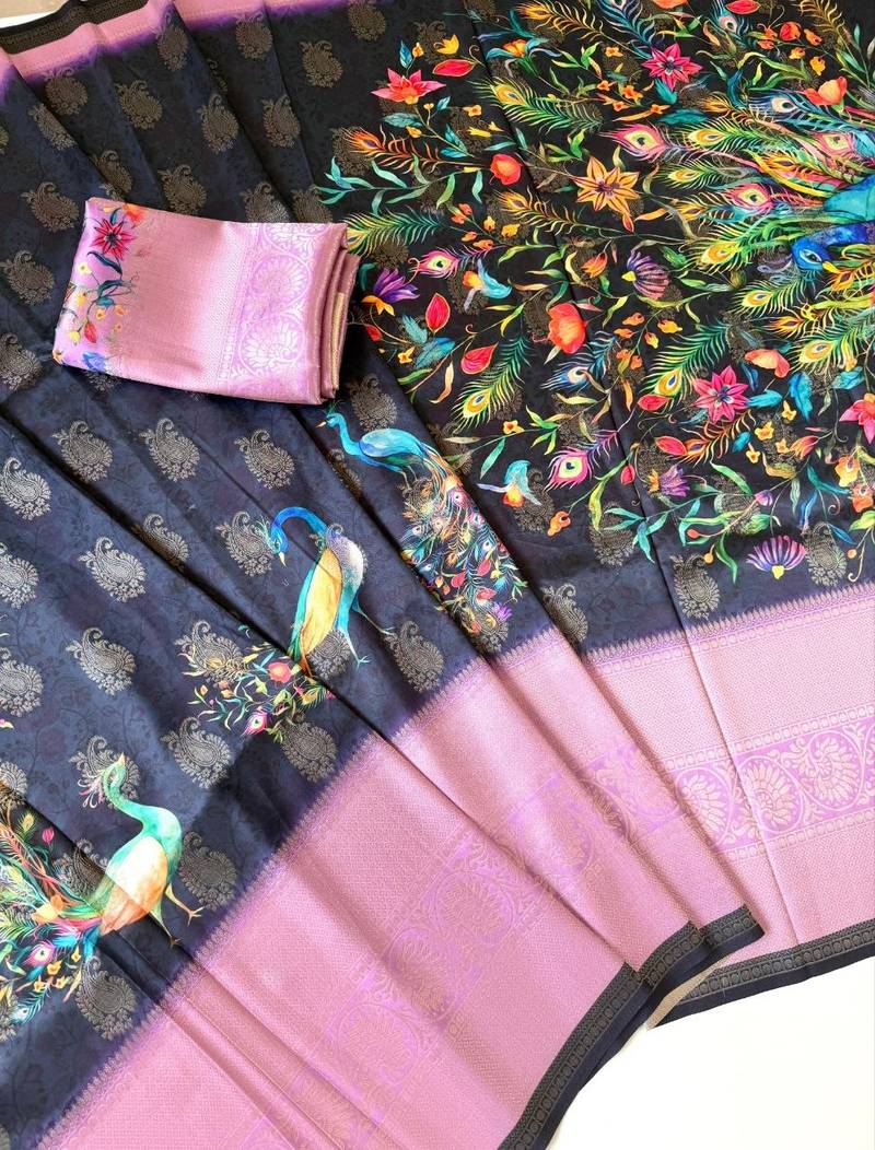 black-lavender printing and zari with border dola silk saree