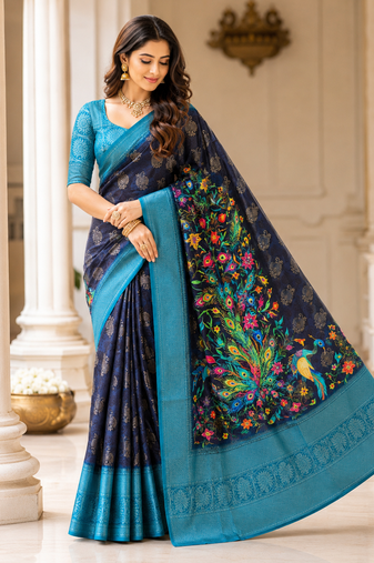 black-teal printing and zari with border dola silk saree