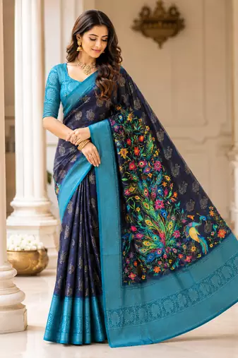 black-teal printing and zari with border dola silk saree