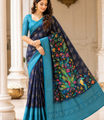 black-teal printing and zari with border dola silk saree