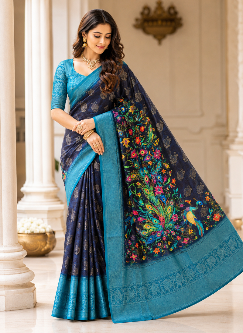 black-teal printing and zari with border dola silk saree