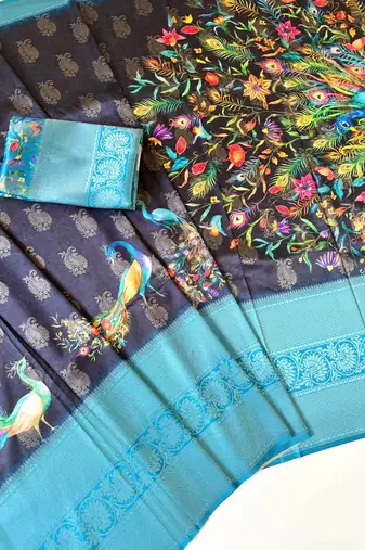 black-teal printing and zari with border dola silk saree