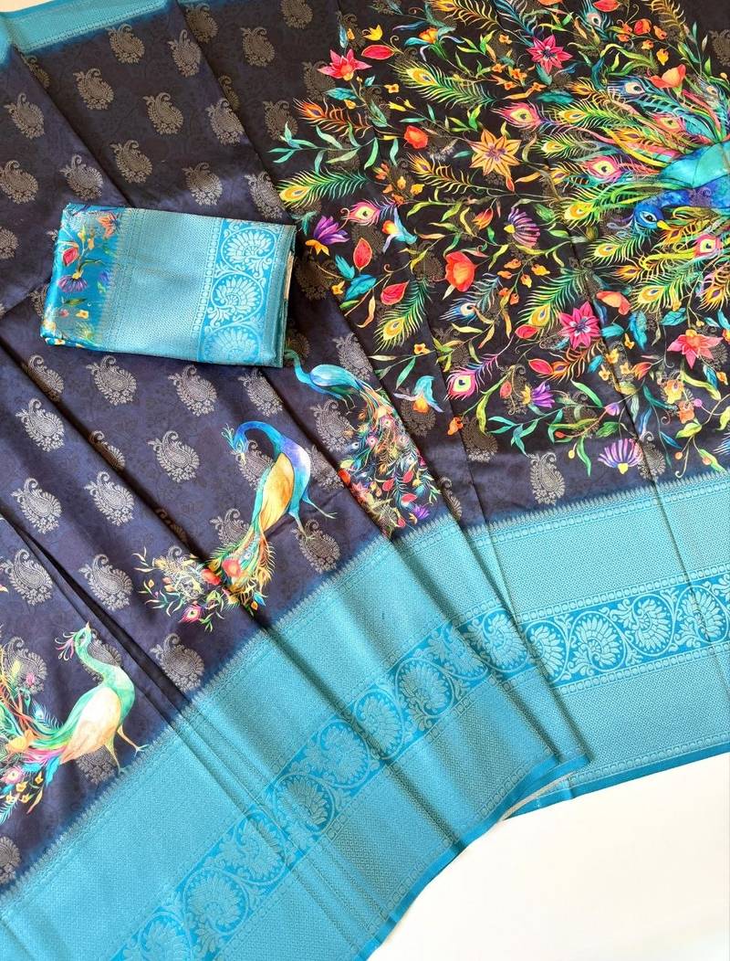 black-teal printing and zari with border dola silk saree