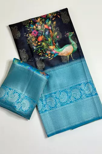 black-teal printing and zari with border dola silk saree